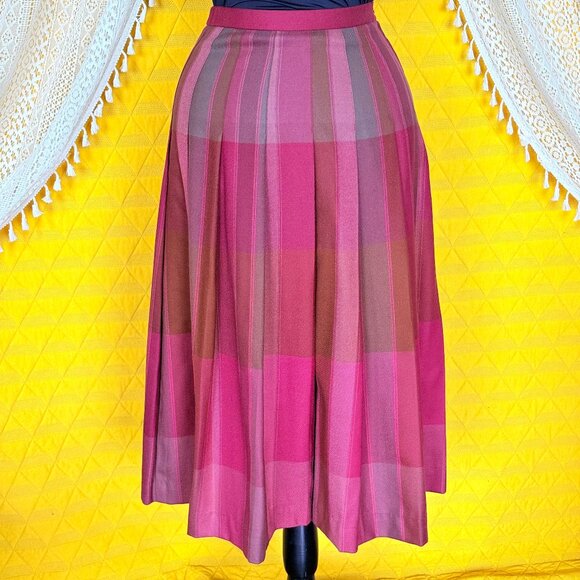 Vintage Pendleton 100% Virgin Wool Magenta Plaid Pleated Midi Skirt Size 4 - Picture 3 of 14